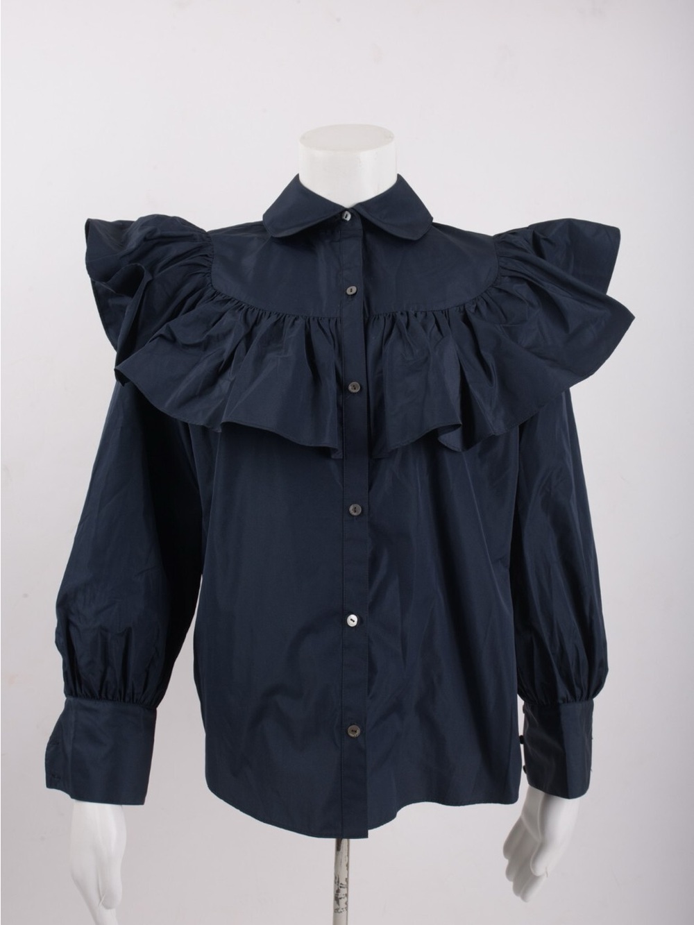 cinq a sept Navy Ruffled Yoke Button-Front Blouse
